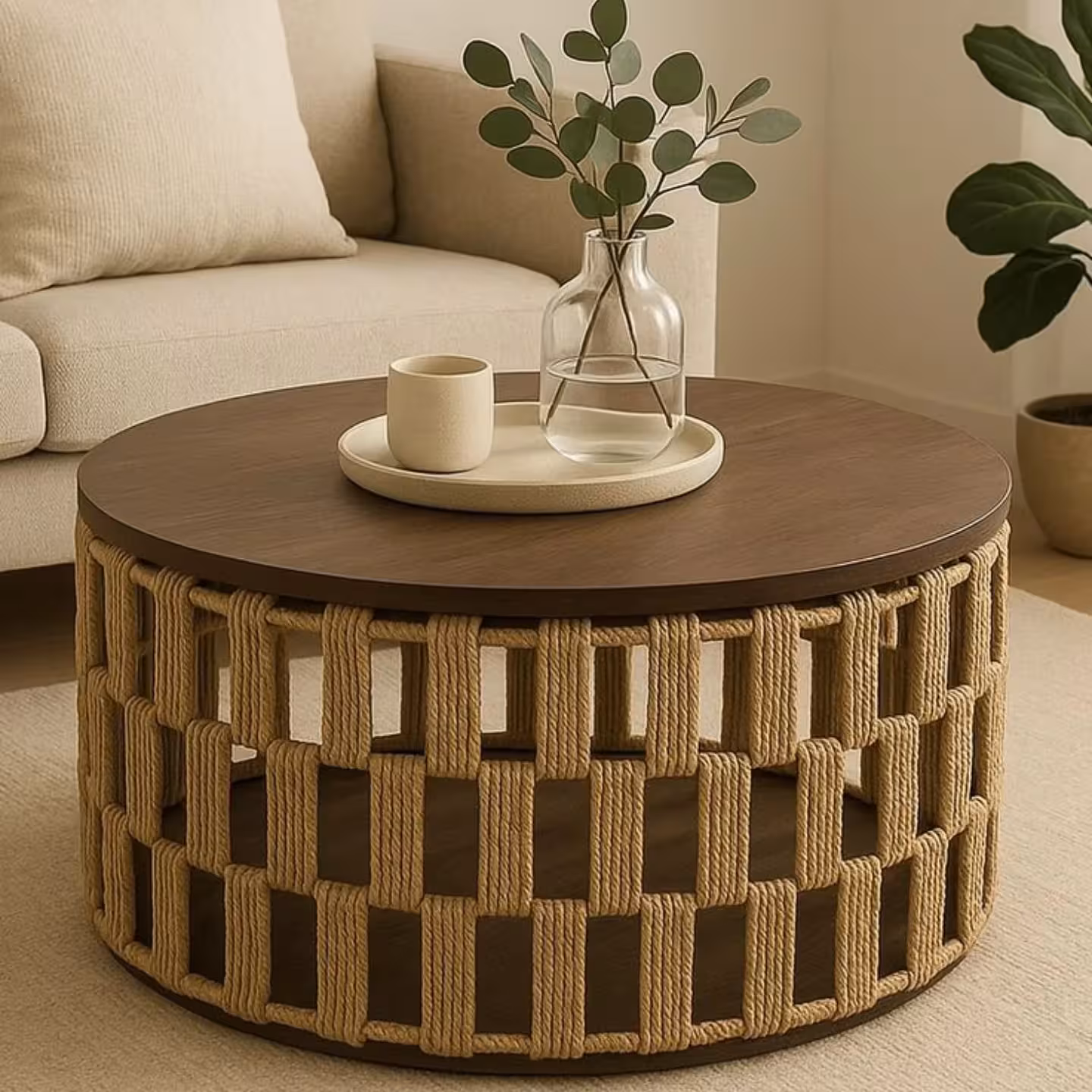 Coffee Table with Wooden Top & Woven Rope Base