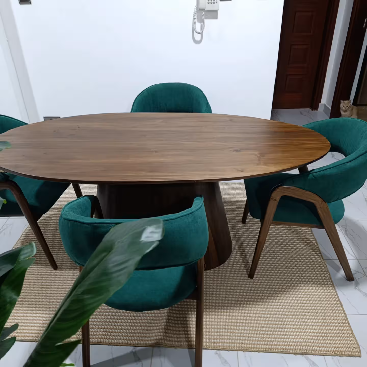 Oval Wood Table & Green Upholstered Chairs