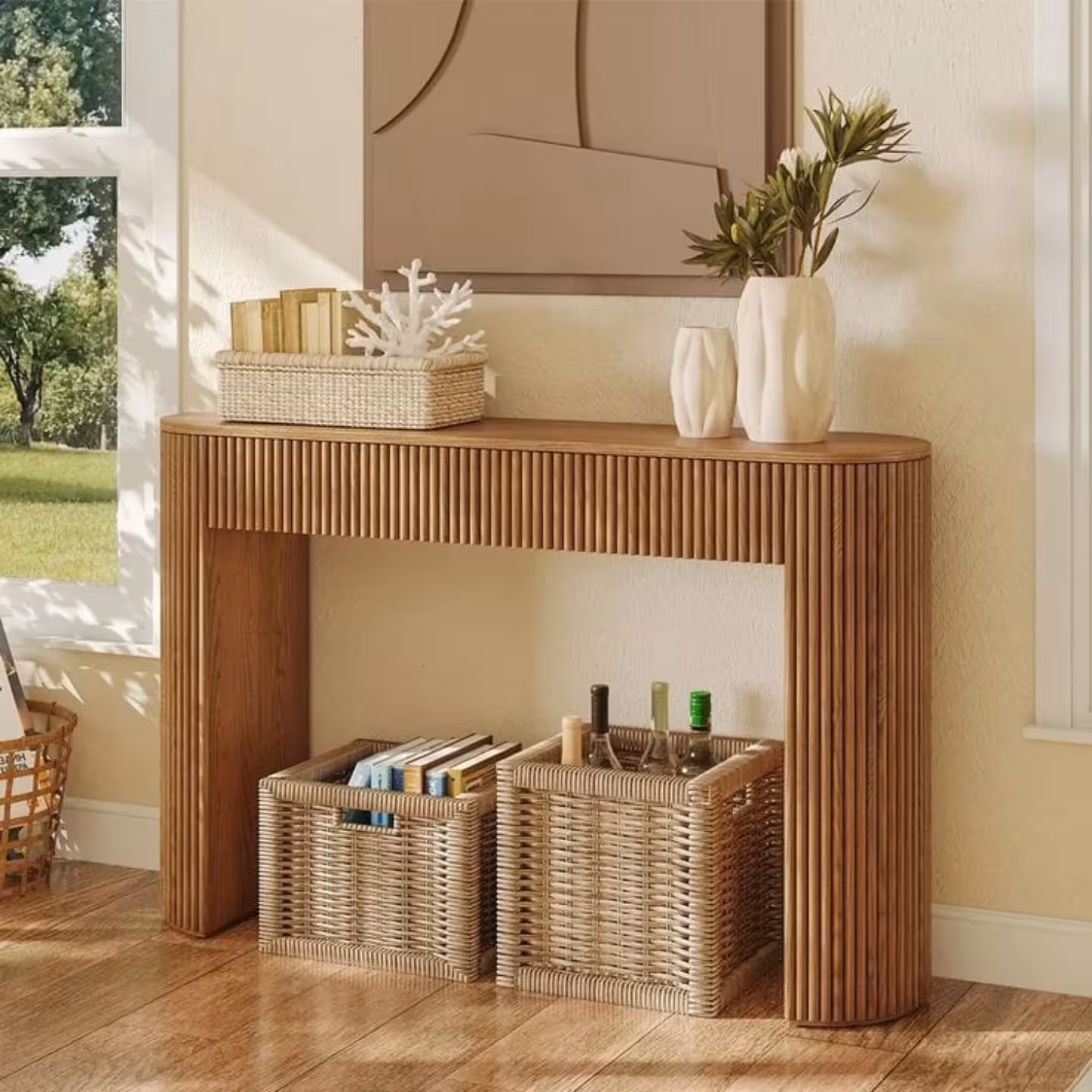 Rustic Slatted Solid Wood Console Table