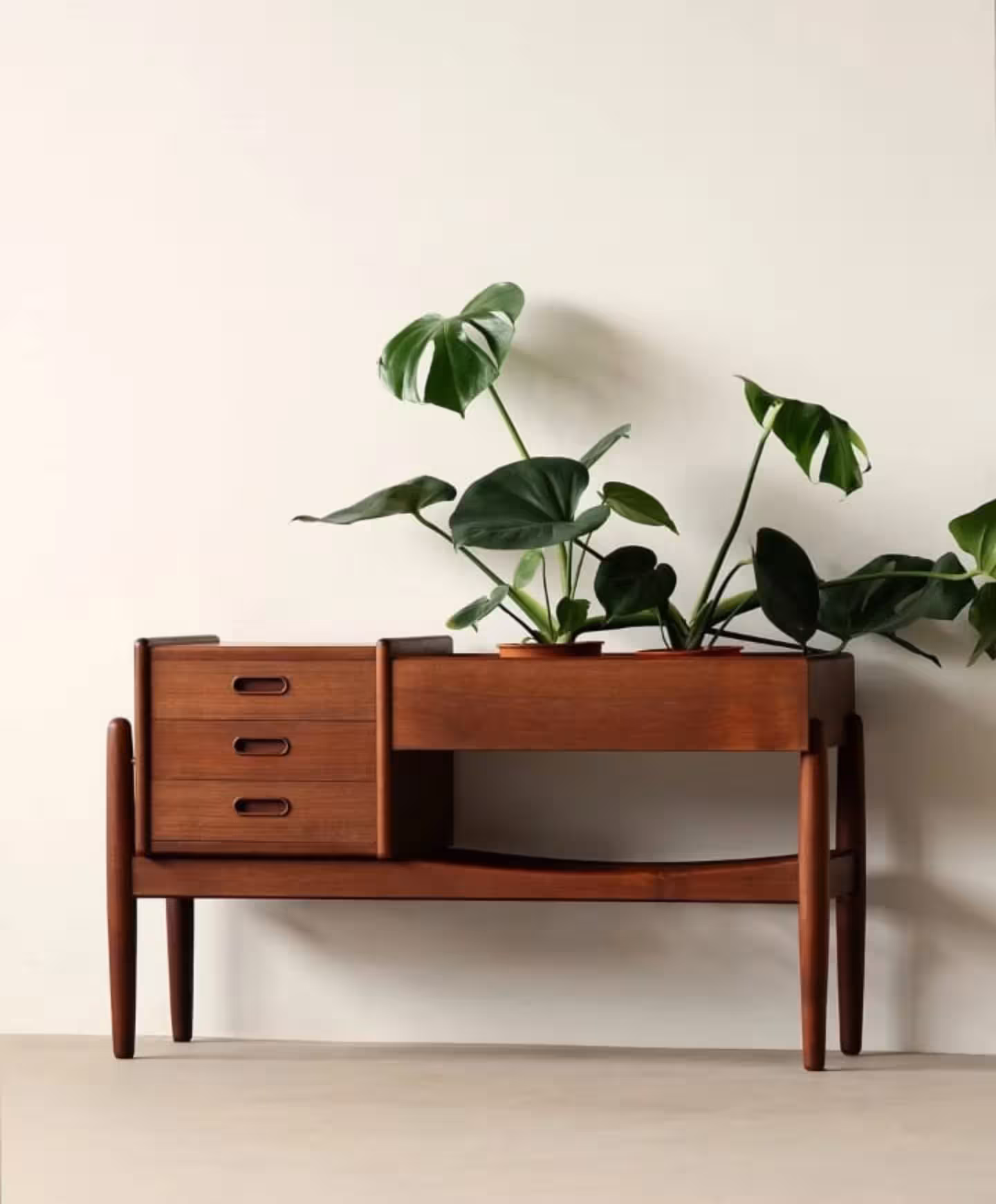Teak Planter Console Table with Storage Drawers