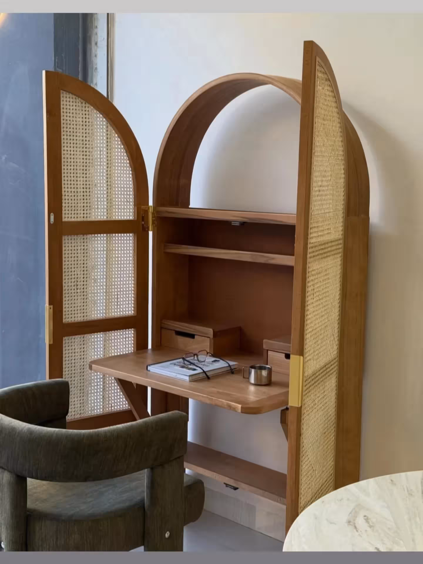 Rattan Foldable Desk Cabinet Hideaway