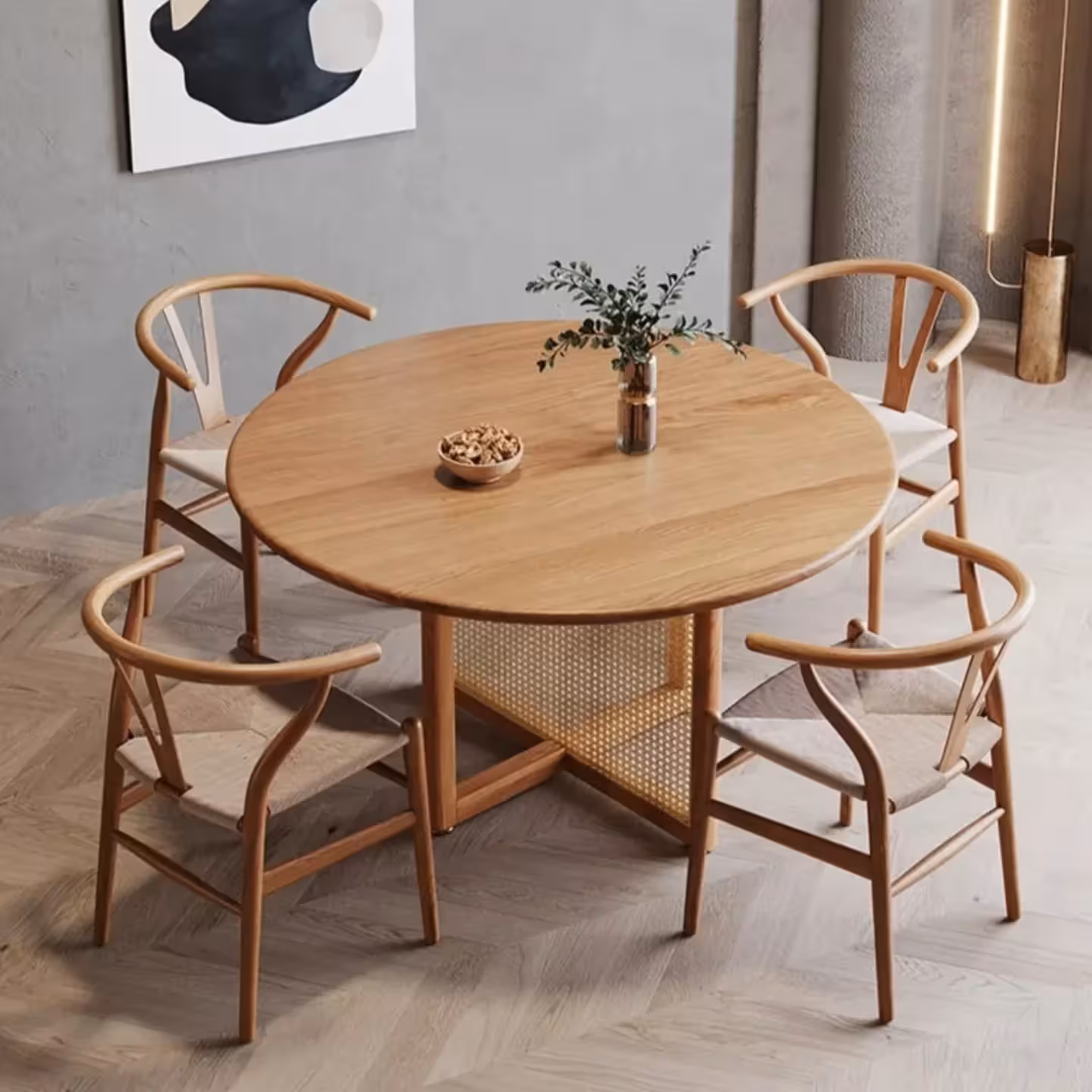 Oval Solid Pine Dining Table w/ Rattan Pedestal & 4 Wishbone Chairs