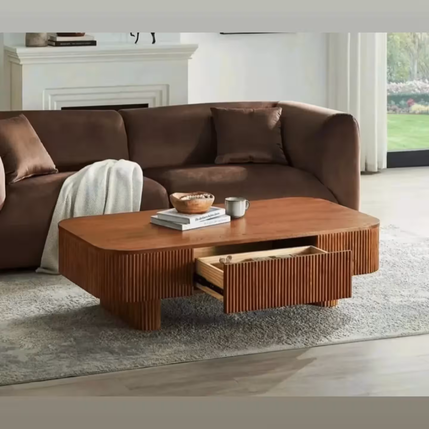 Fluted Natural Oak Rounded Rectangular Coffee Table