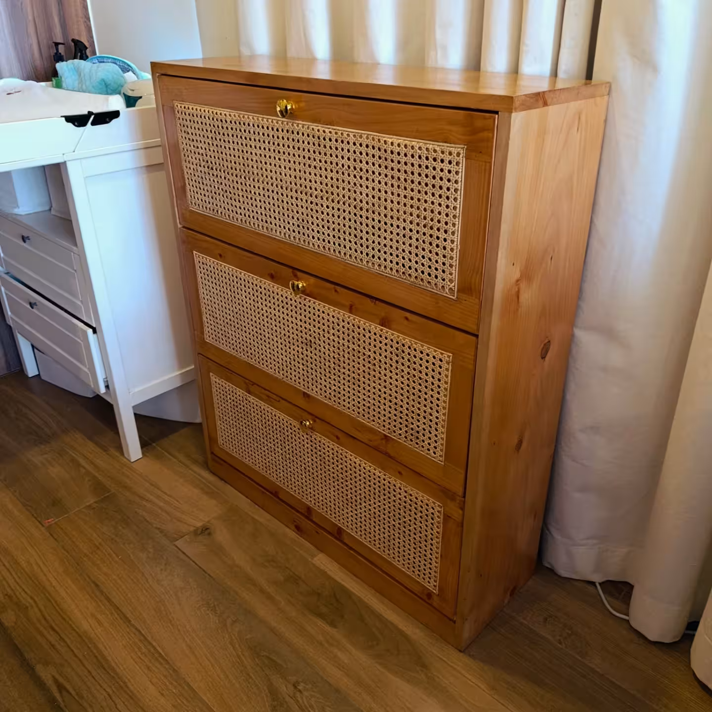 Slim Rattan & Wood 3-Drawer Shoe Cabinet