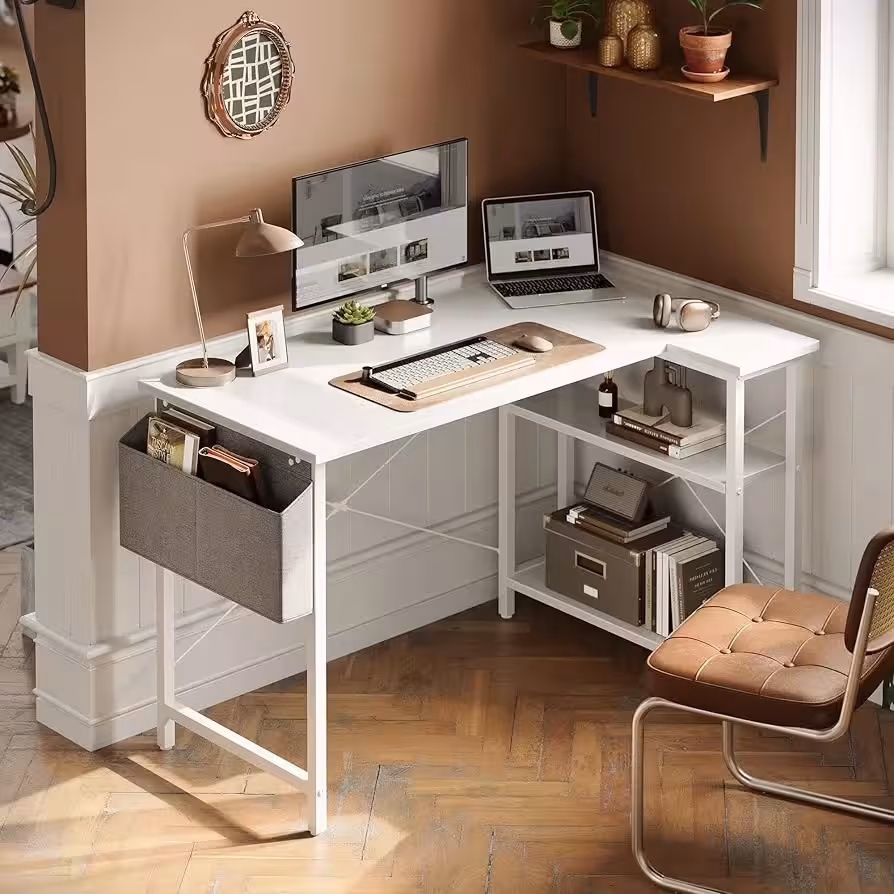 47-Inch L-Shaped Computer Desk with Storage Shelves