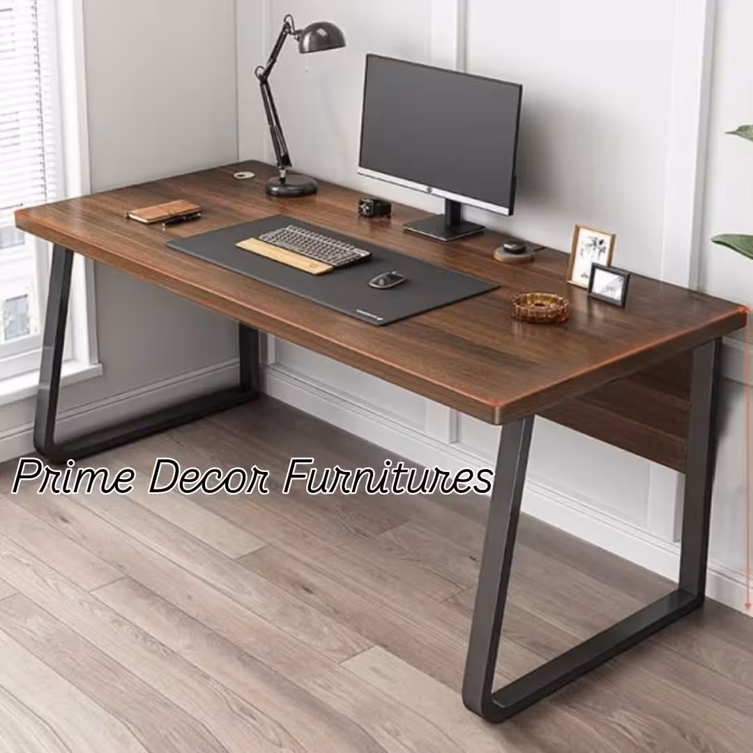 Modern Industrial Wood Top Office Desk with Black Metal Sled Base