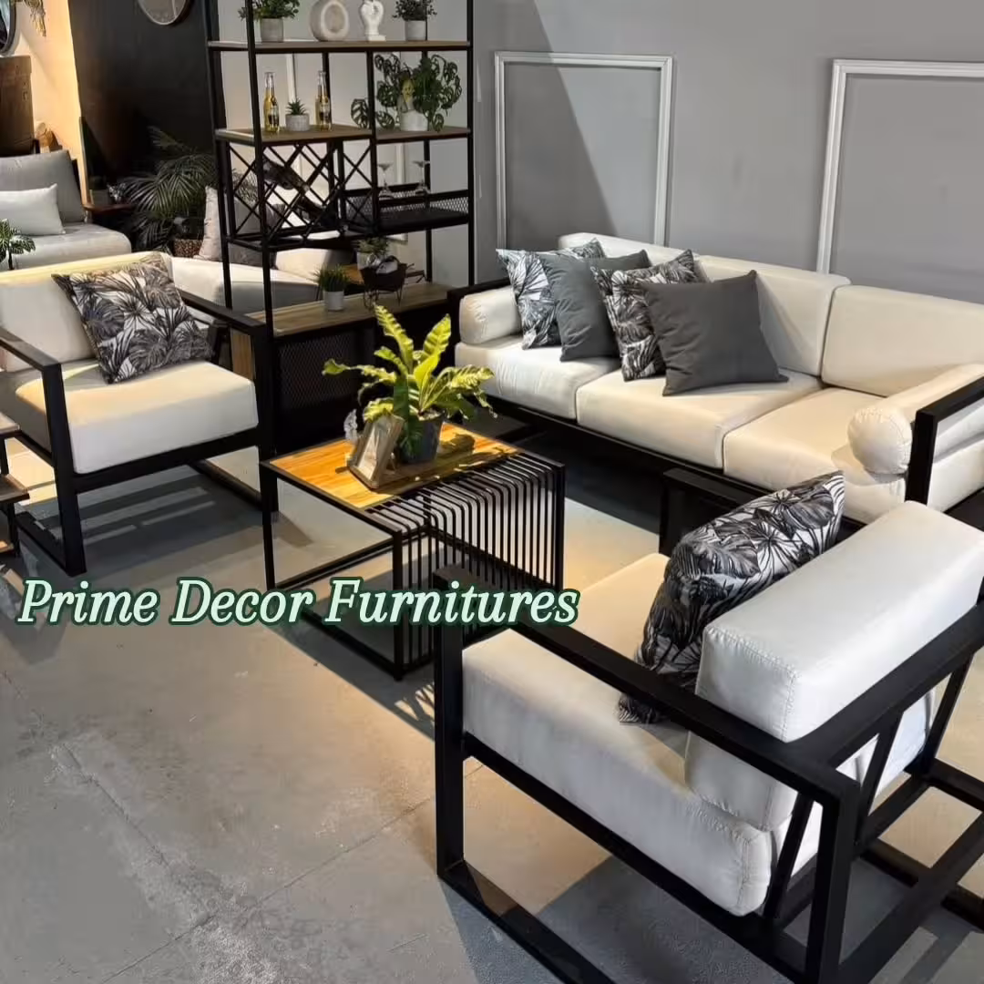 Modern Minimalist 5-Seater Metal Frame Sofa Set with Wood Coffee Table