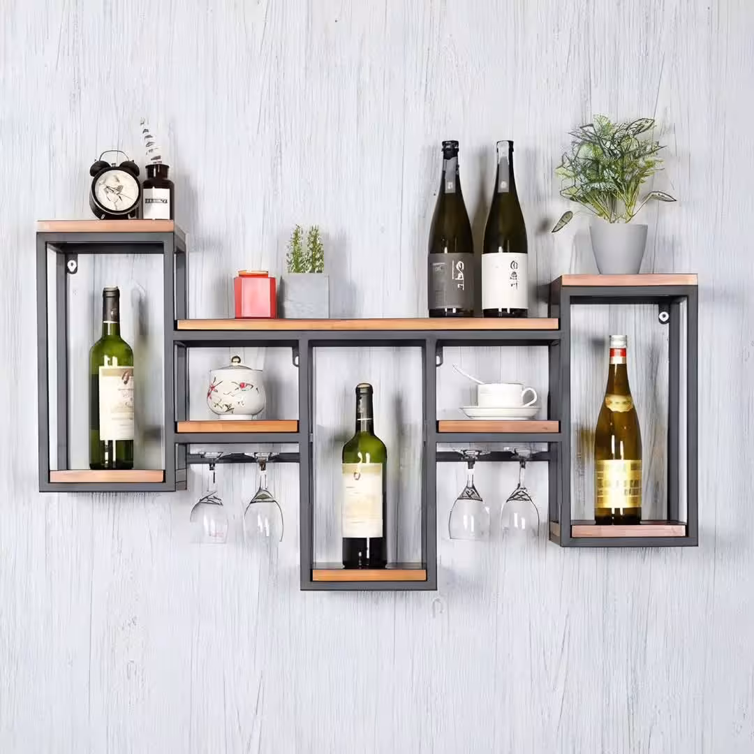 Modern Industrial Wall-Mounted Wine Rack and Stemware Holder with Wood Shelves
