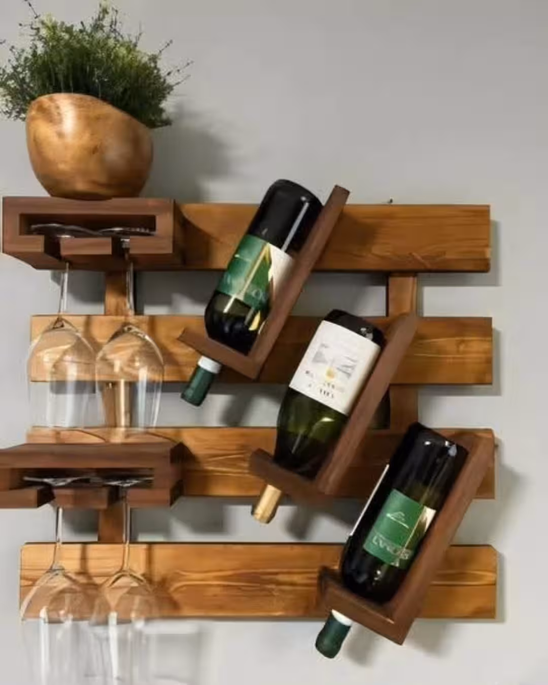 Rustic Wall-Mounted Modular Wooden Wine Rack with Stemware