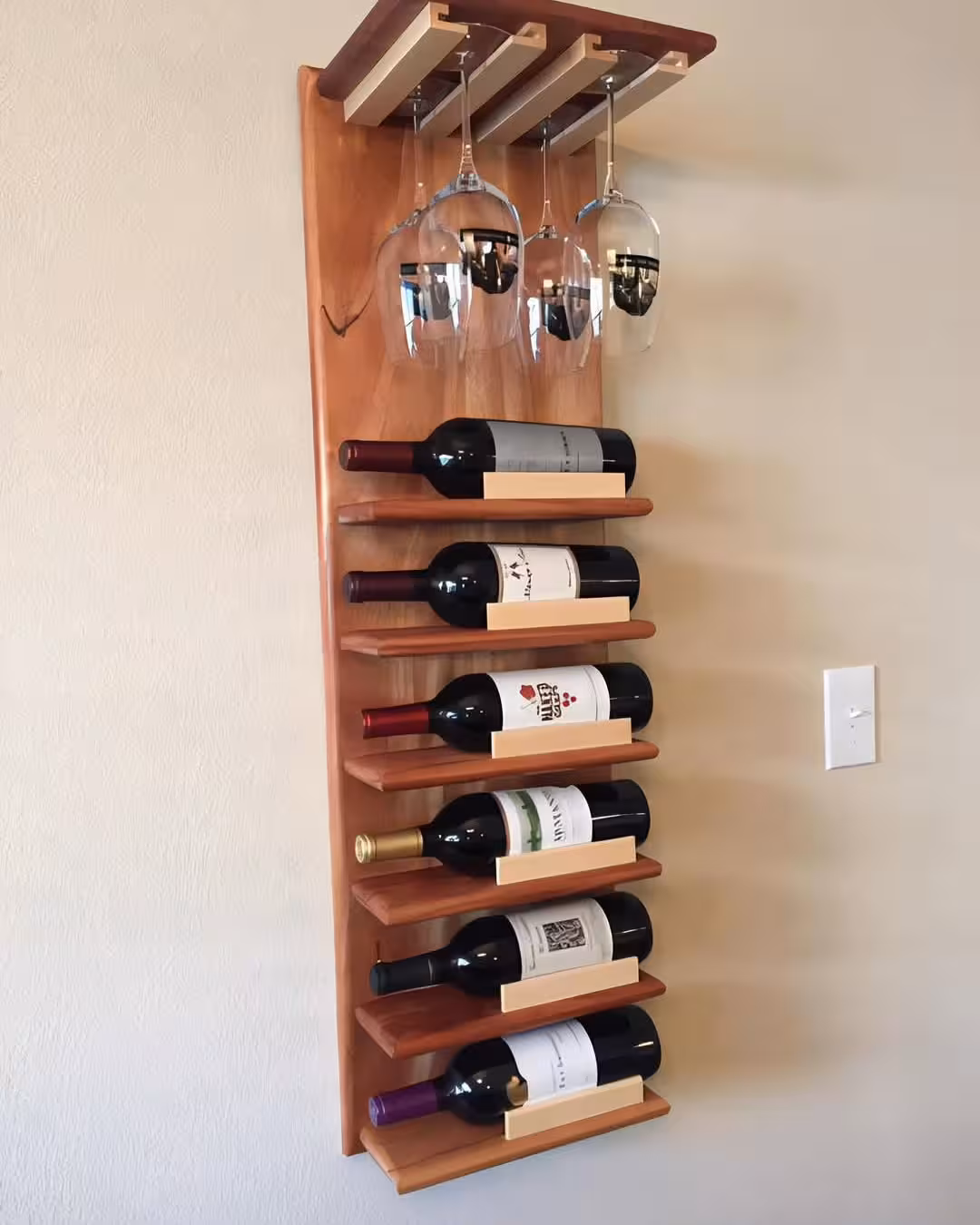 Modern Vertical Wall-Mounted Redwood Wine Rack with 6 Bottle Capacity