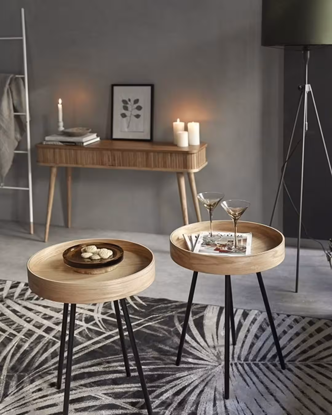 Set of 2 Modern Round Tray Side Tables with Tripod Base