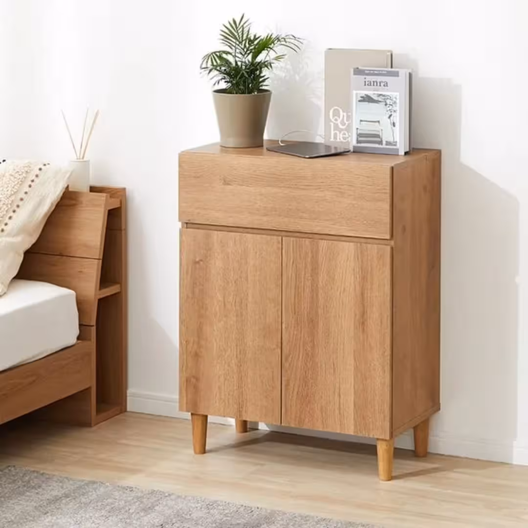 Minimalist Light Oak Accent Storage Cabinet with Tapered Legs