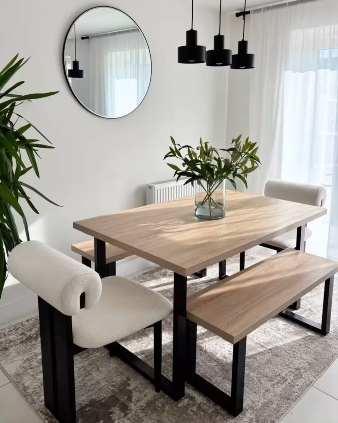 Modern Industrial Pine Wood Dining Set with Upholstered Bench and Chairs