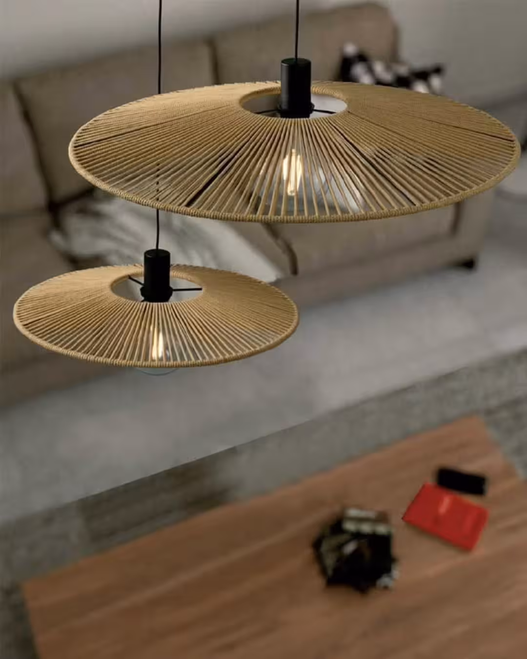 Artisanal Handwoven Natural Fiber Disc Pendant Lamp