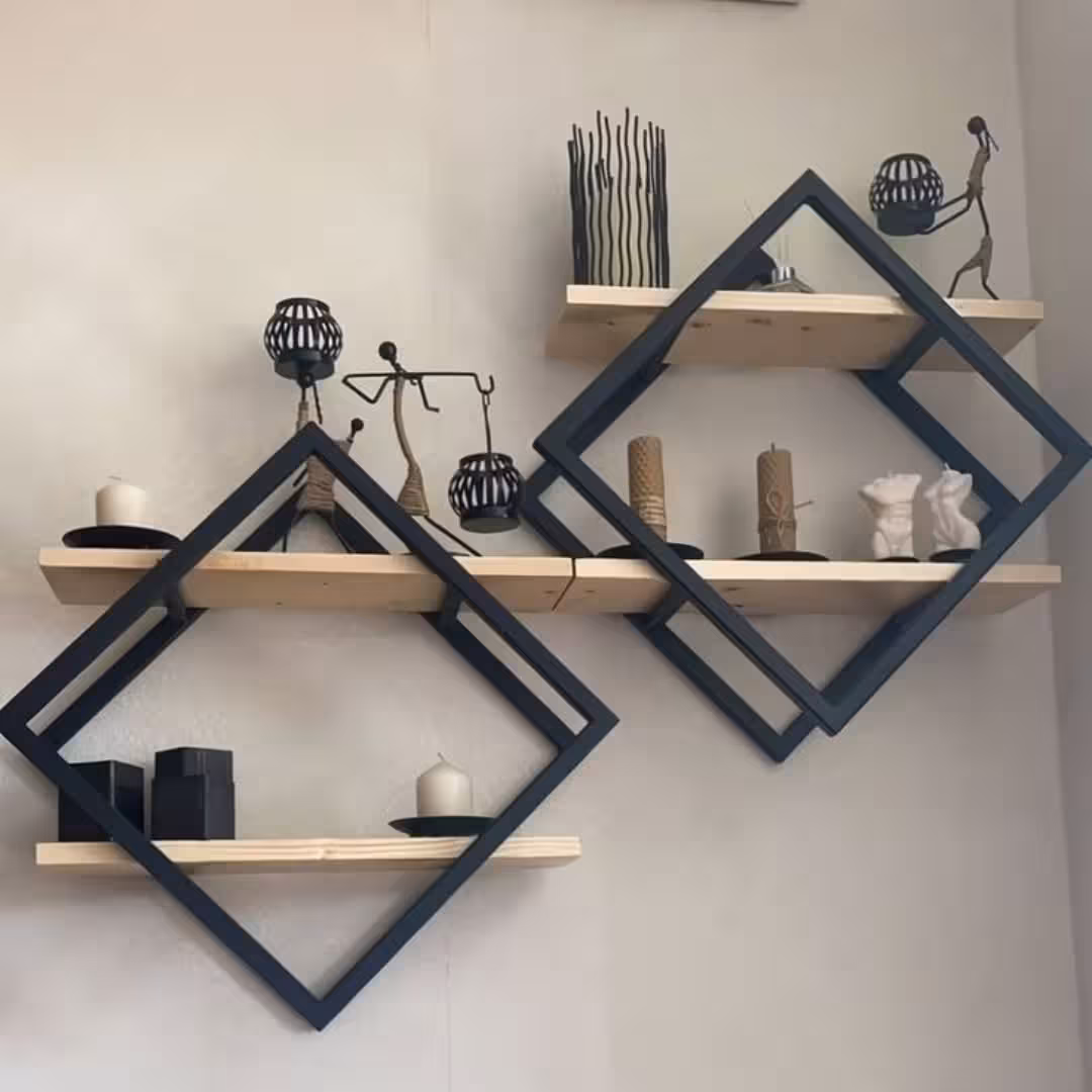 Modern Geometric Diamond Floating Wall Shelves (Set of 2A creative set of three geometric diamond-shaped floating shelves featuring a sleek black metal frame and natural wood tiers.)