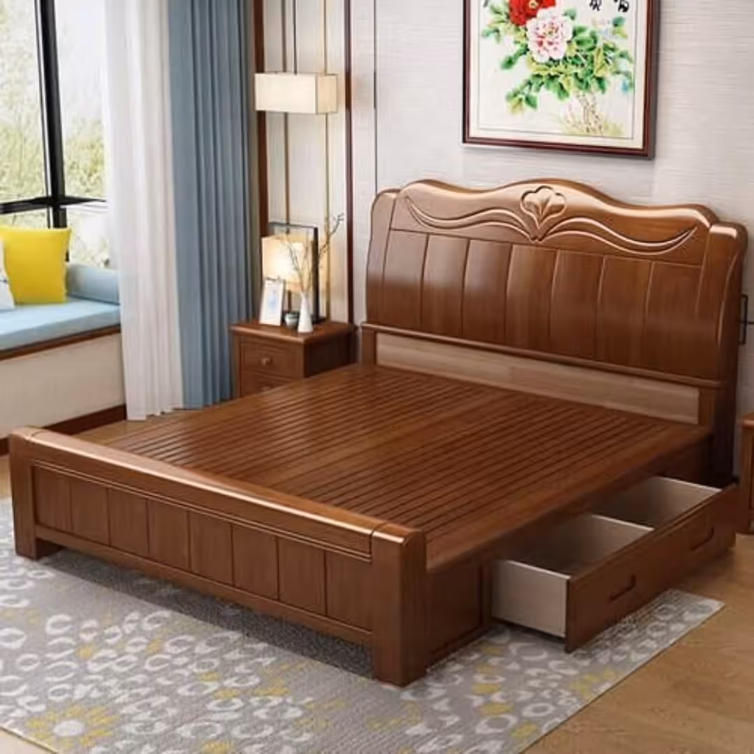 Modern Solid Teak Wood Storage Bed with Carved Headboard (6x6 ft)