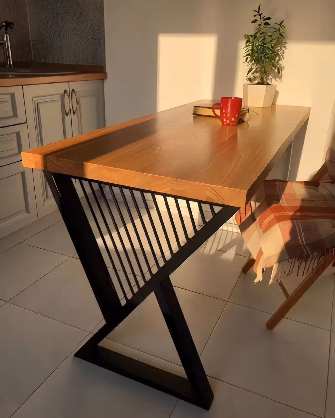 Modern Industrial Z-Leg Solid Wood Dining Table
