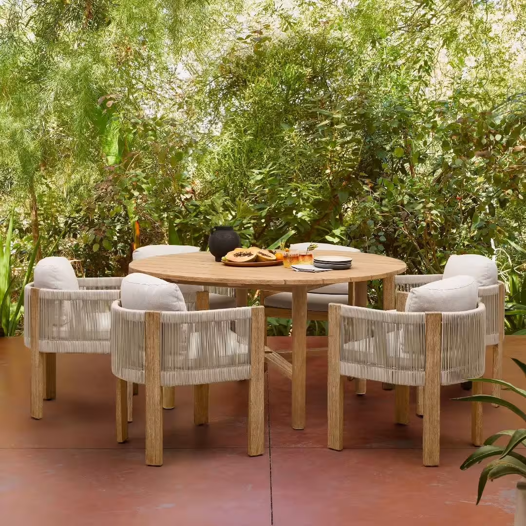 Luxury Acacia Wood Outdoor Dining Collection with Woven Rope Chairs