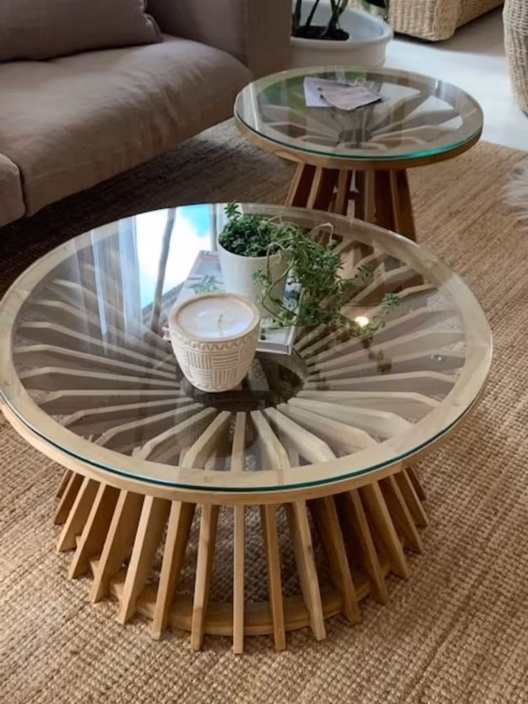 Radial Teak Glass-Top Coffee Table Set