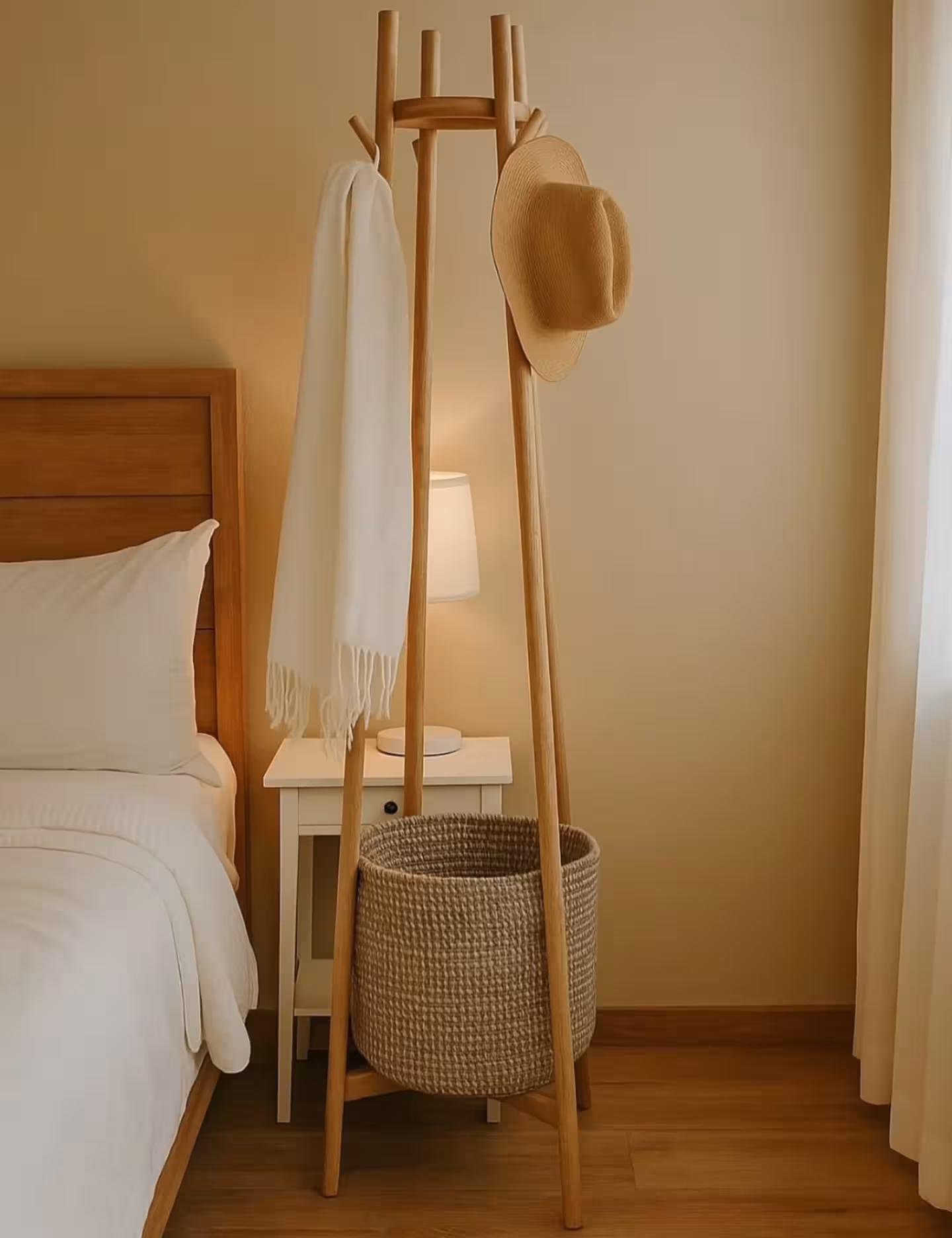 Bohan Oak Tripod Standing Rack & Basket