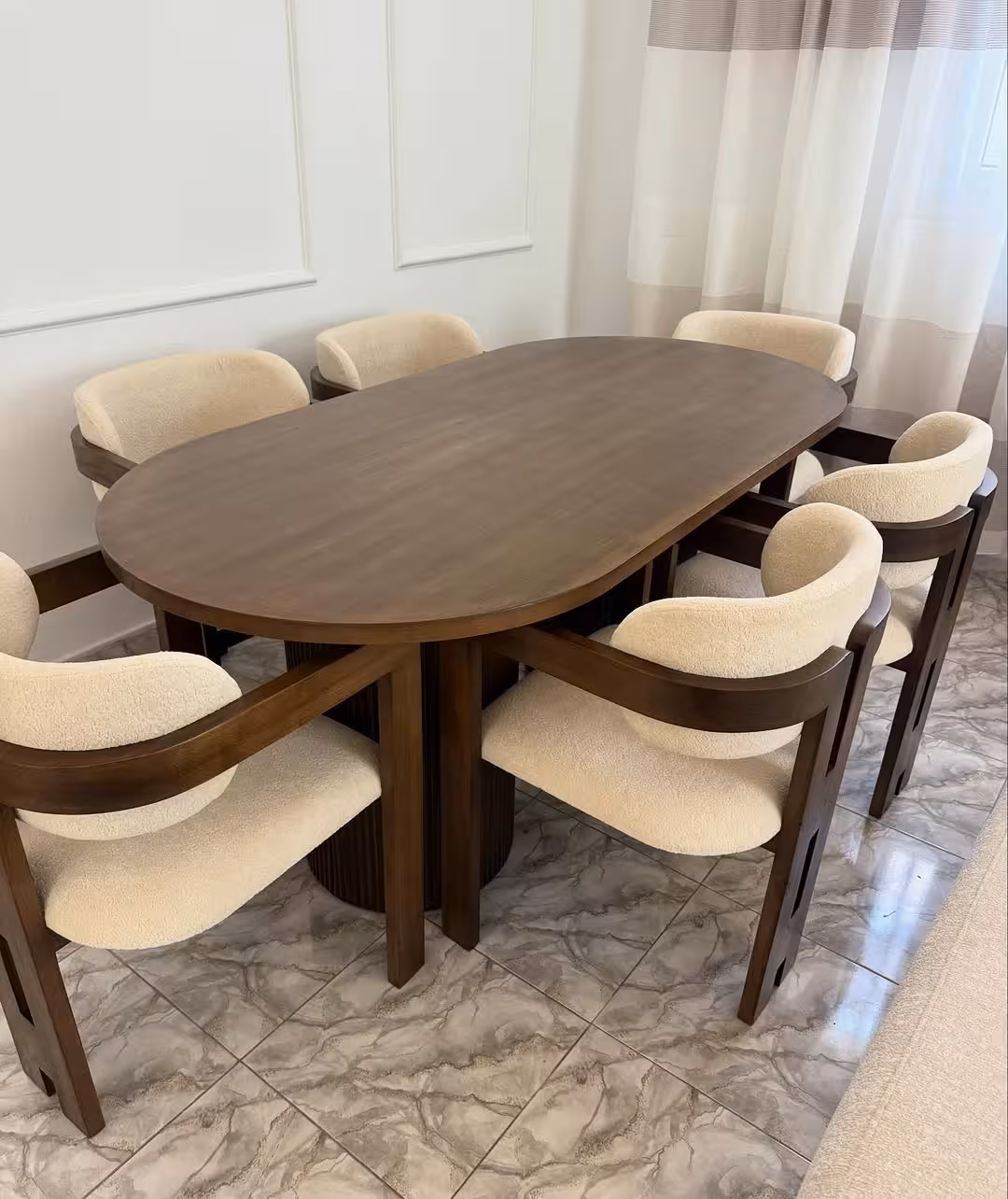 Contemporary Pill-Shaped 6-Seater Dining Set with Bouclé Chairs
