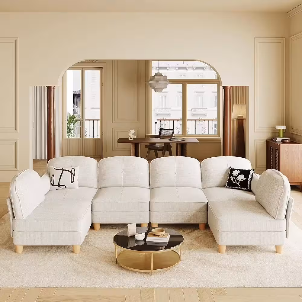 Luxurious U-Shaped Linen Sofa – Off-White