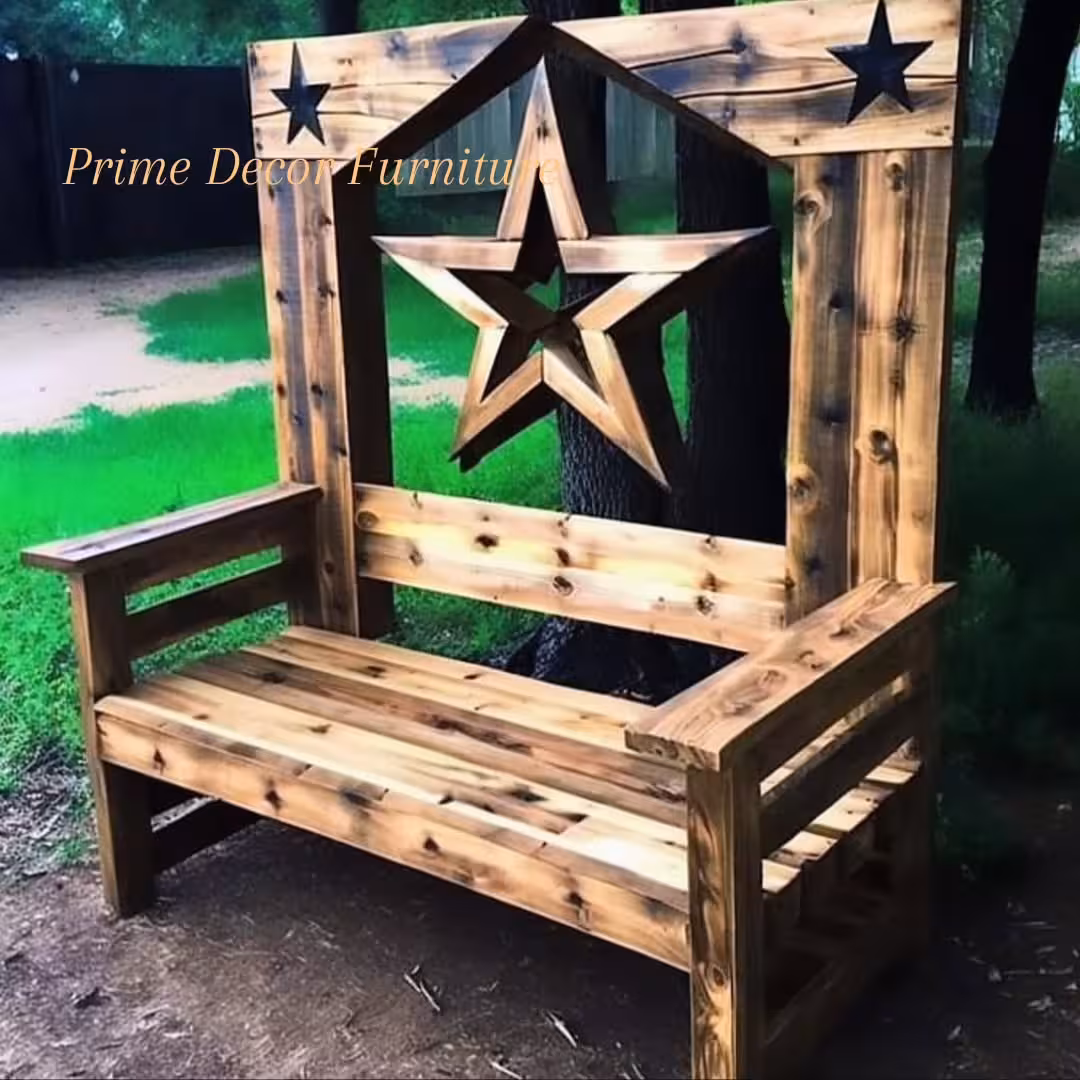 Rustic Handcrafted Wooden Outdoor Star Bench