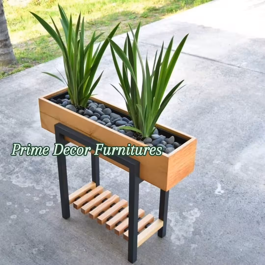 Modern Rectangular Wooden Planter Stand with Black Metal Frame and Lower Shelf