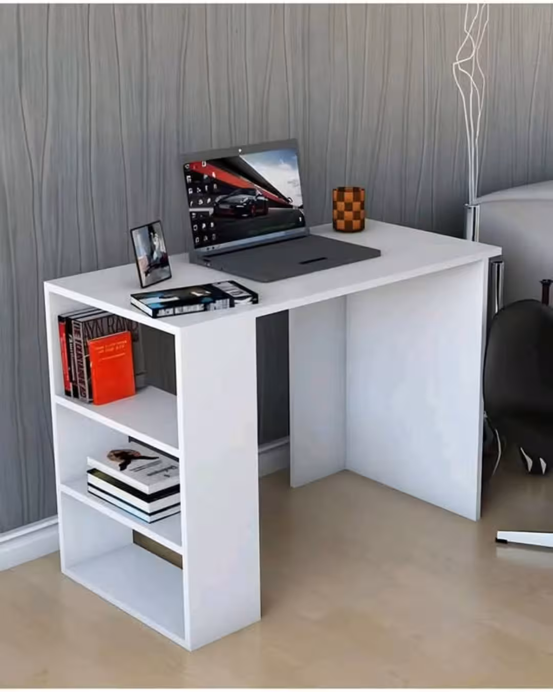 Modern White L-Shaped Study Table with Integrated Vertical Shelving Unit
