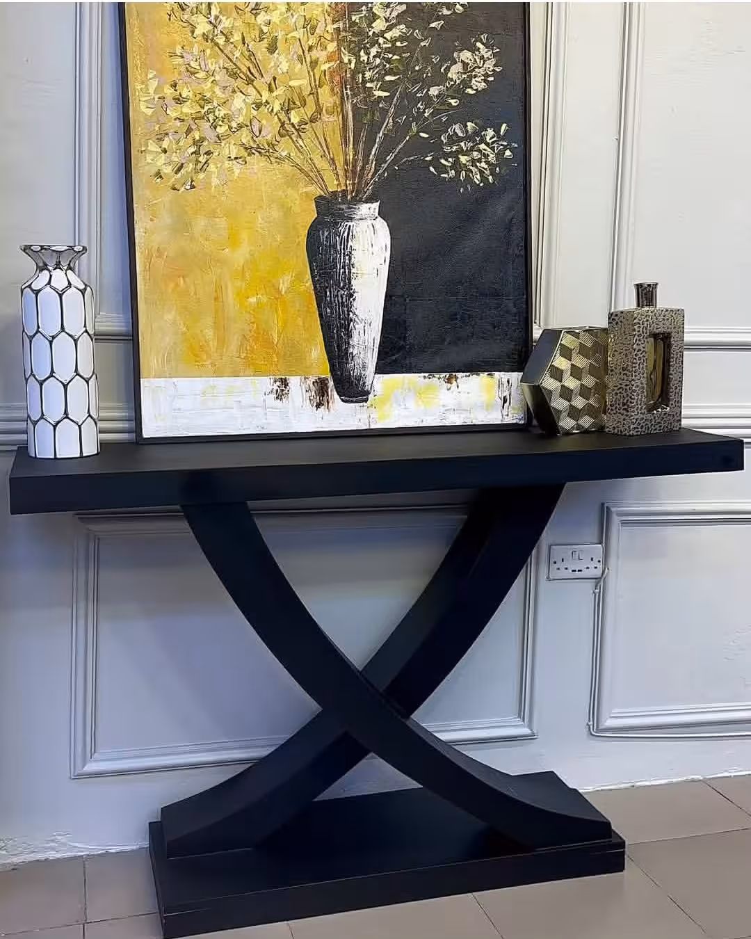 Modern Industrial Solid Wood Console Table with Metal Frame