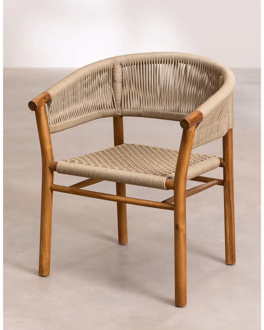 Modern Acacia Wood Armchair with Braided Wheat-Tone Rope