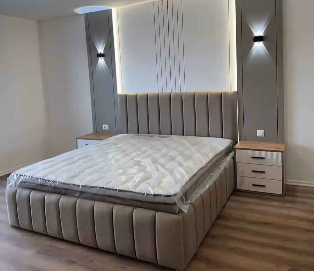 Modern Vertical Channel Upholstered Platform Bed with Matching Nightstands