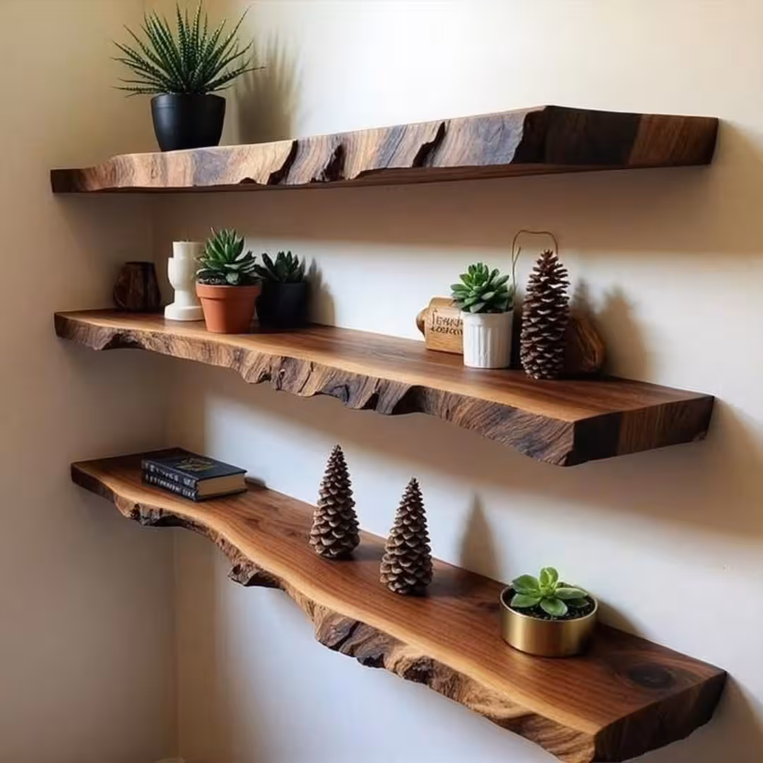Artisanal Walnut Live Edge Floating Wall Shelves (Set of 3)
