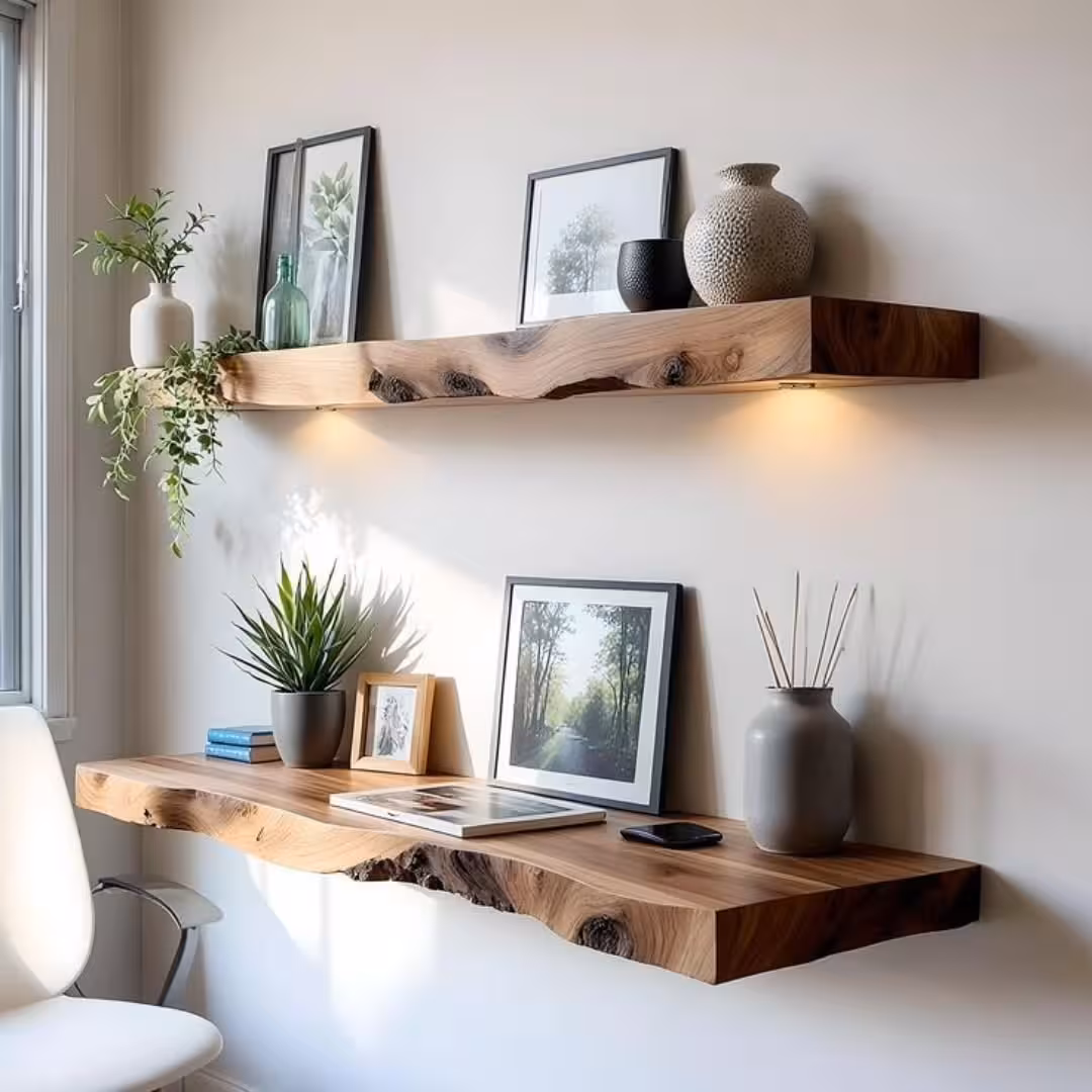 Natural Live Edge Solid Wood Floating Wall Shelves (Set of 2)