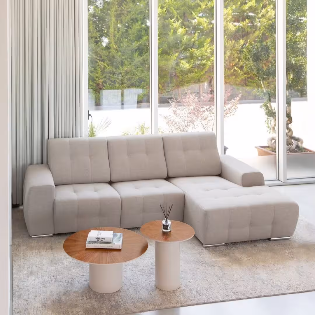 Modern L-Shaped Lounge Sofa with Chaise and Two Coffee Tables
