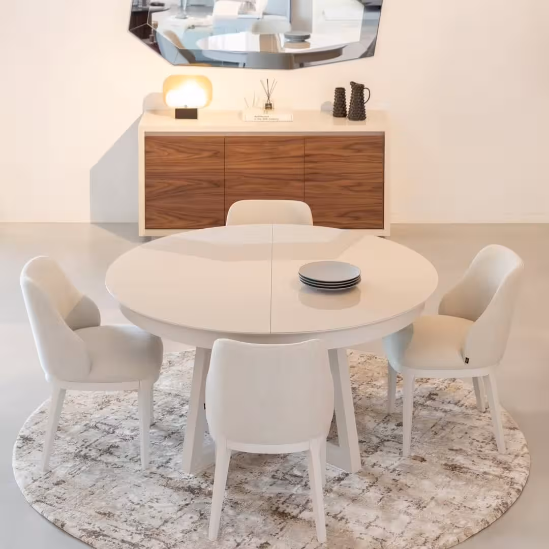 Modern Extendable Round White Dining Set with 4 Bucket Chairs