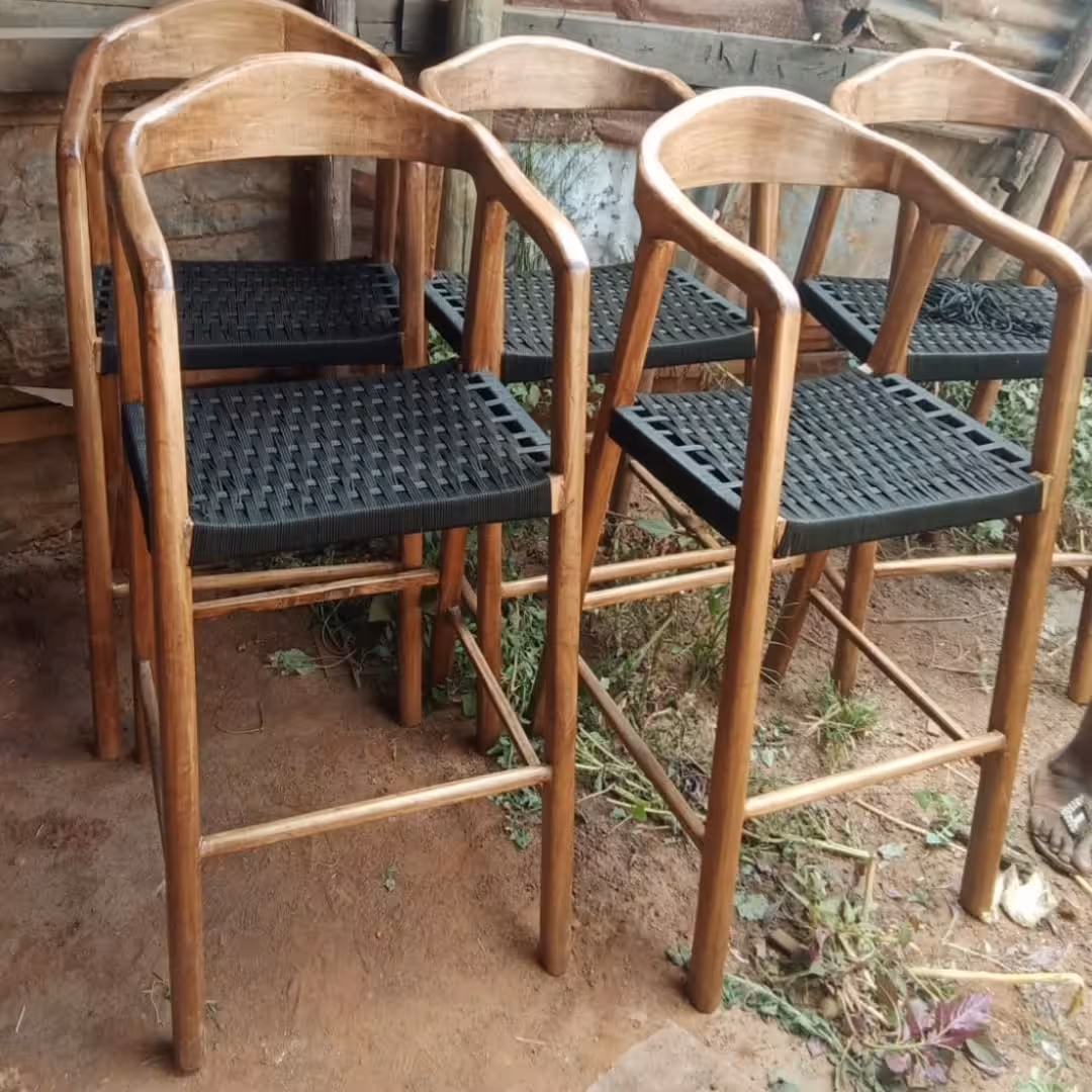 Mid-Century Inspired Wooden Bar Stool with Woven Cord Seat