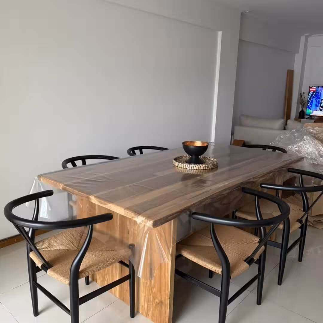 Natural Wood Dining Set with Handwoven Wishbone Chairs