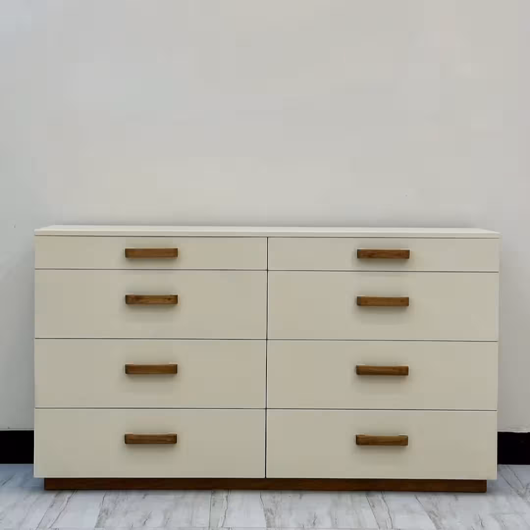 Modern Minimalist 8-Drawer Wide Chest with Natural Wood Accents