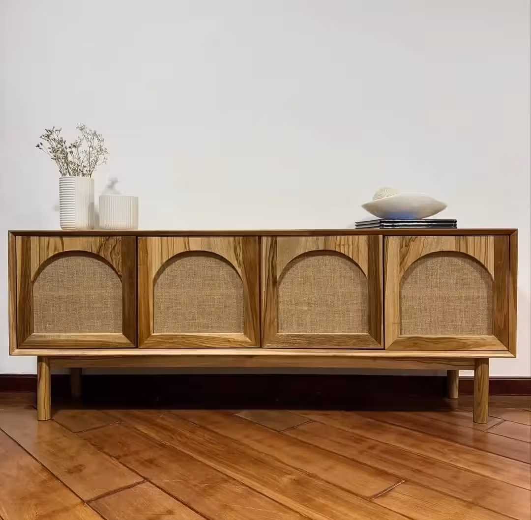 Mid-Century Modern Arched Rattan Sideboard Cabinet